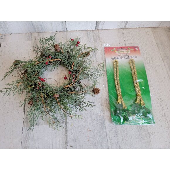 Miniature wreath pine cone cranberry crystal ornament Xmas set - Picture 1 of 8